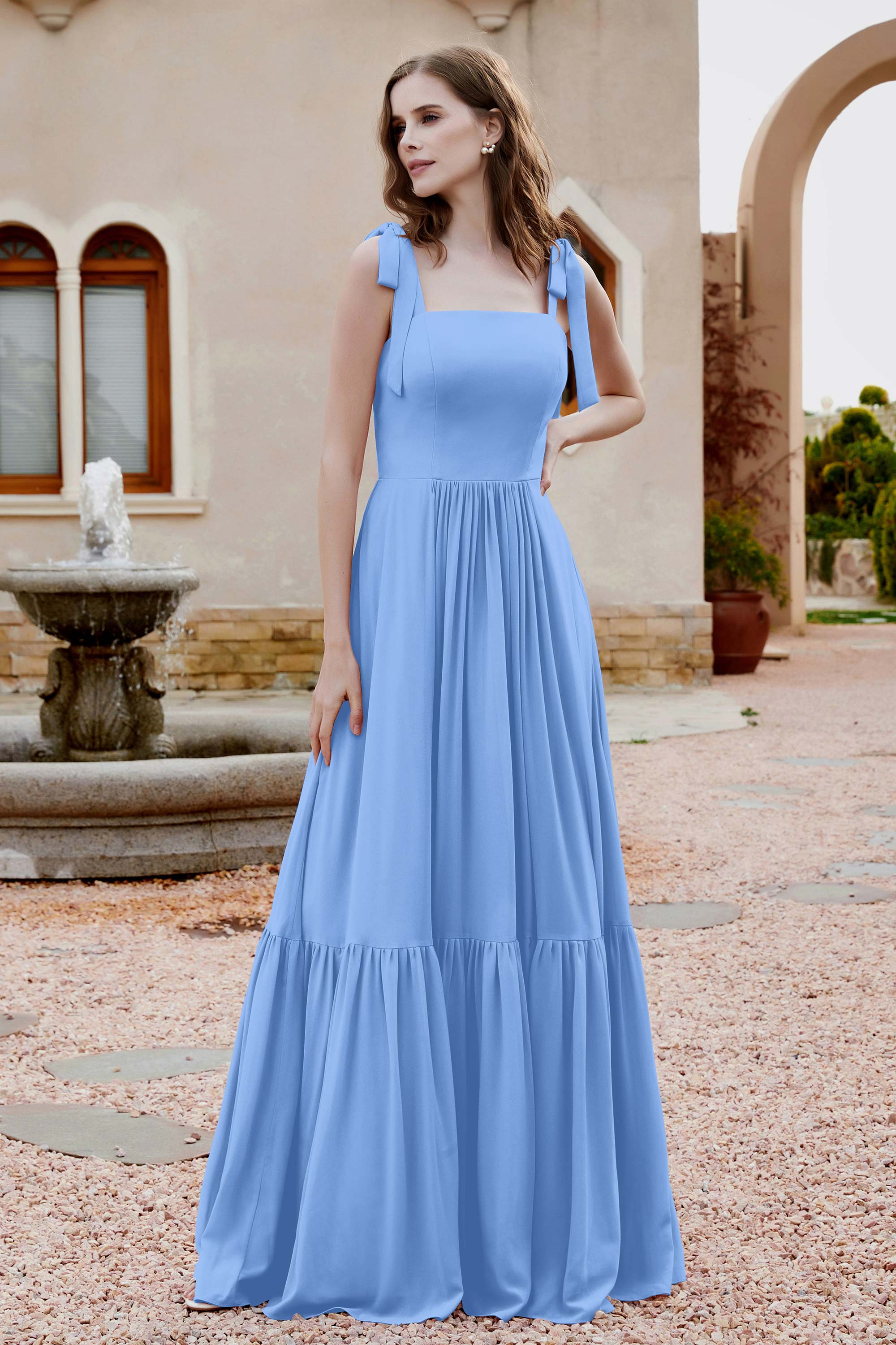 Square Sleeveless Chiffon Bridesmaid Dress Ruched Ruffles Formal Evening Dresses with Bow