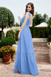 Square Sleeveless Chiffon Bridesmaid Dress Ruched Ruffles Formal Evening Dresses with Bow