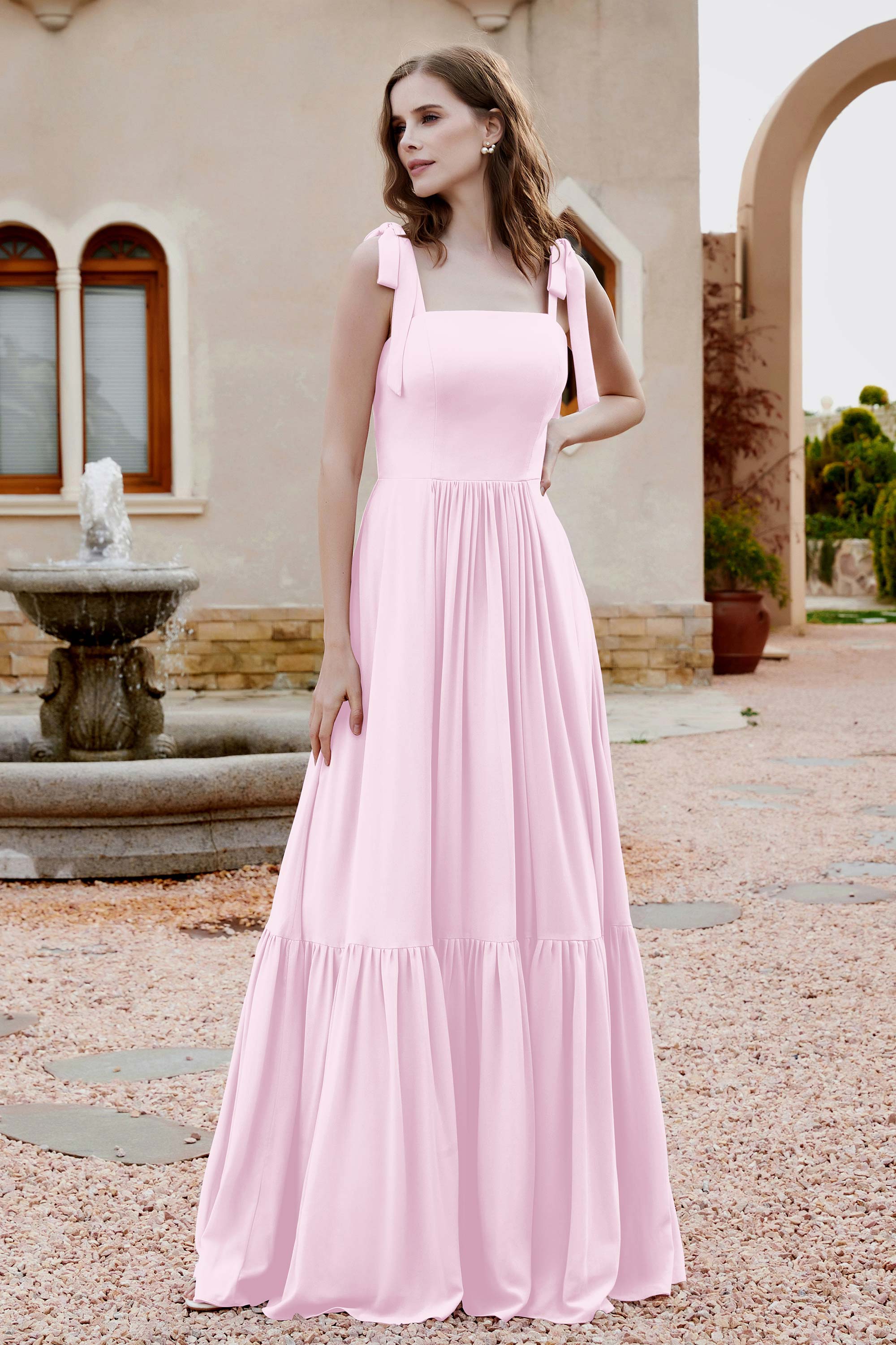 Square Sleeveless Chiffon Bridesmaid Dress Ruched Ruffles Formal Evening Dresses with Bow
