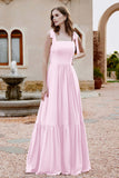Square Sleeveless Chiffon Bridesmaid Dress Ruched Ruffles Formal Evening Dresses with Bow