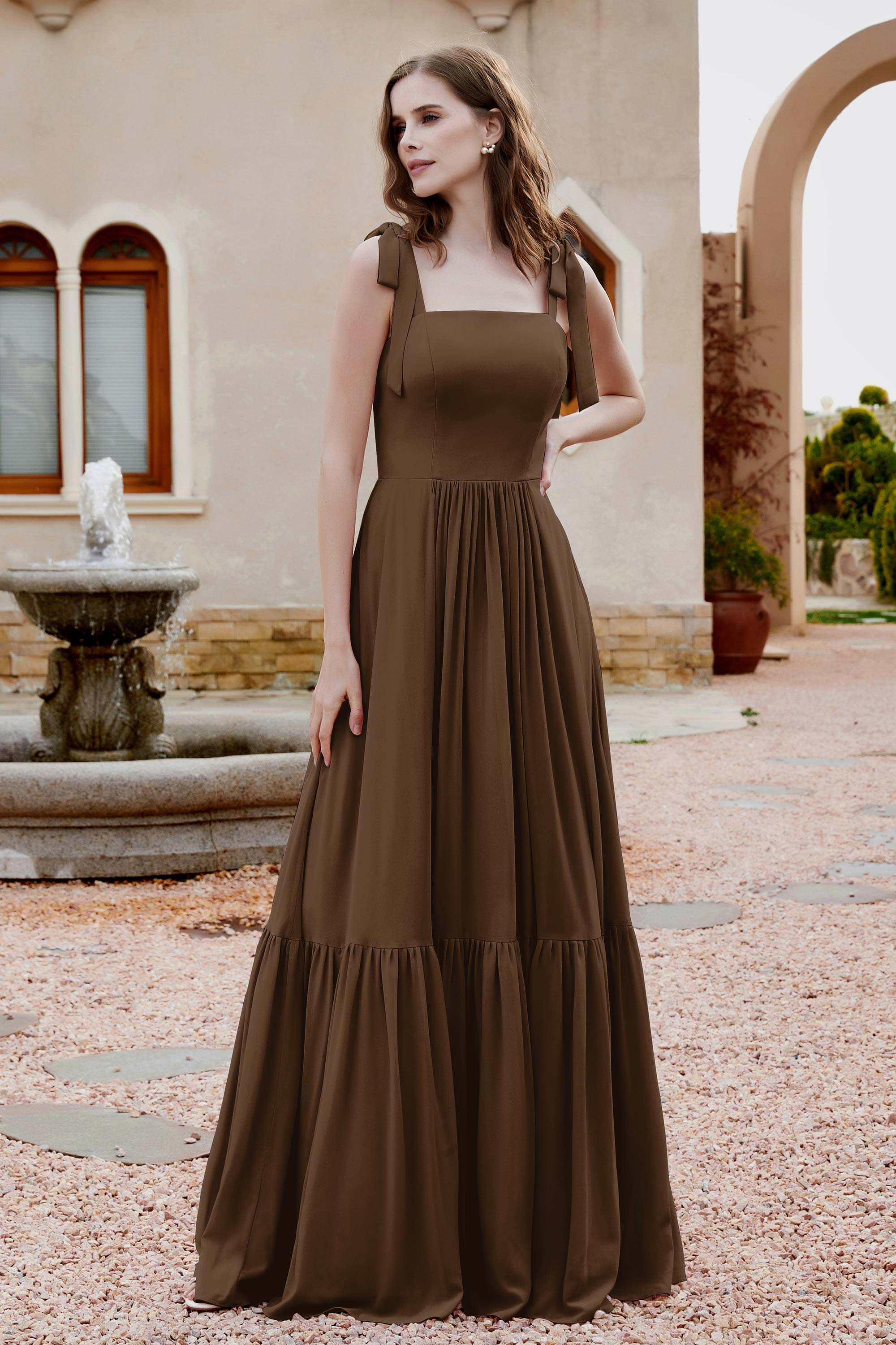 Square Sleeveless Chiffon Bridesmaid Dress Ruched Ruffles Formal Evening Dresses with Bow
