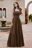 Square Sleeveless Chiffon Bridesmaid Dress Ruched Ruffles Formal Evening Dresses with Bow
