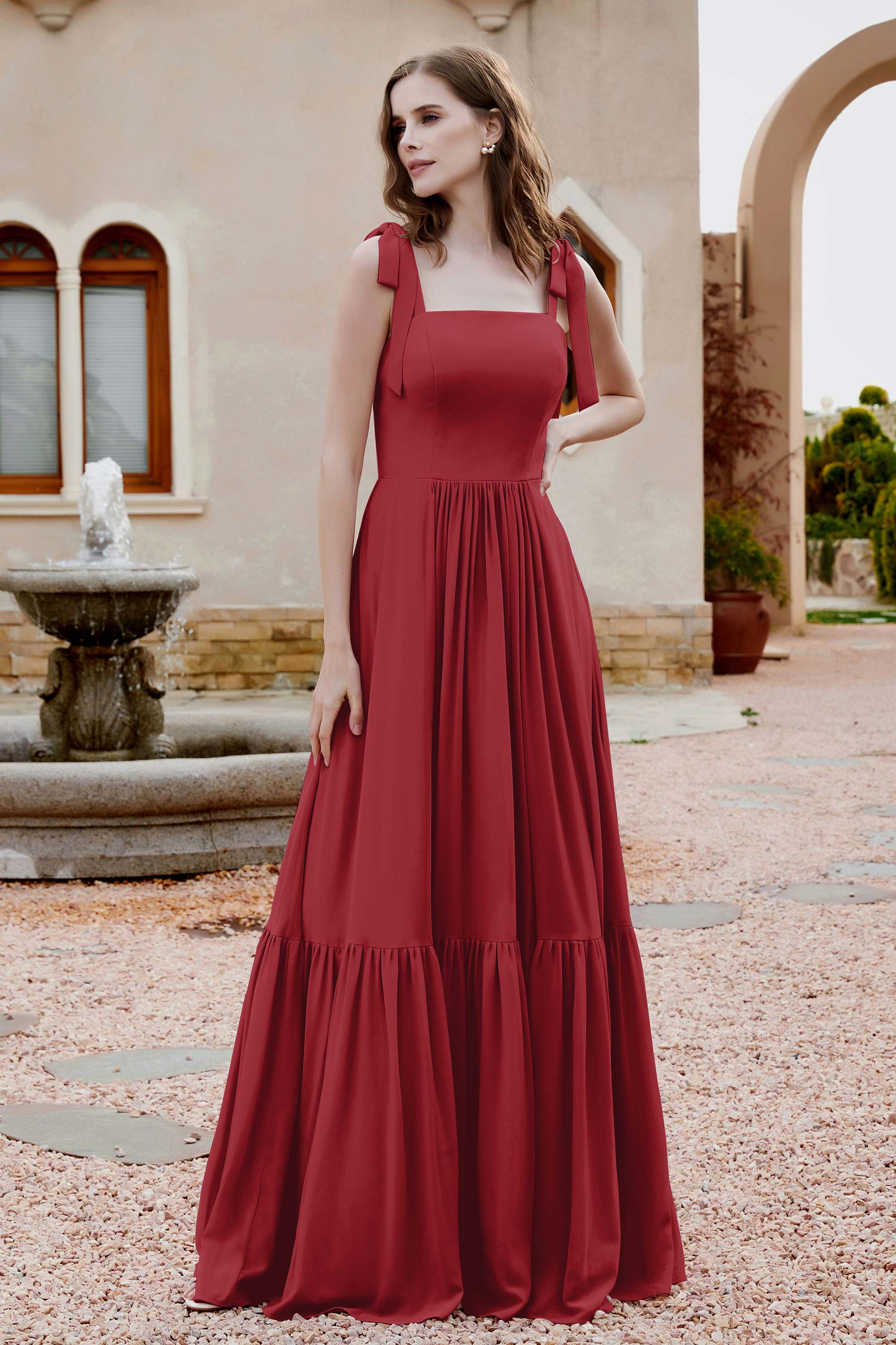 Square Sleeveless Chiffon Bridesmaid Dress Ruched Ruffles Formal Evening Dresses with Bow