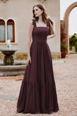 Square Sleeveless Chiffon Bridesmaid Dress Ruched Ruffles Formal Evening Dresses with Bow