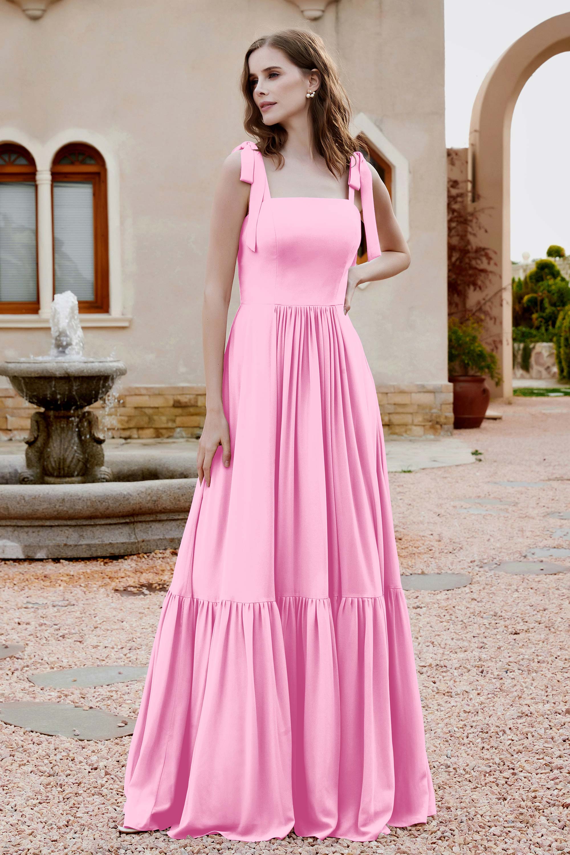 Square Sleeveless Chiffon Bridesmaid Dress Ruched Ruffles Formal Evening Dresses with Bow