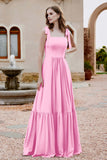 Square Sleeveless Chiffon Bridesmaid Dress Ruched Ruffles Formal Evening Dresses with Bow