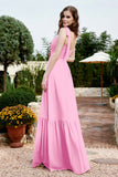 Square Sleeveless Chiffon Bridesmaid Dress Ruched Ruffles Formal Evening Dresses with Bow