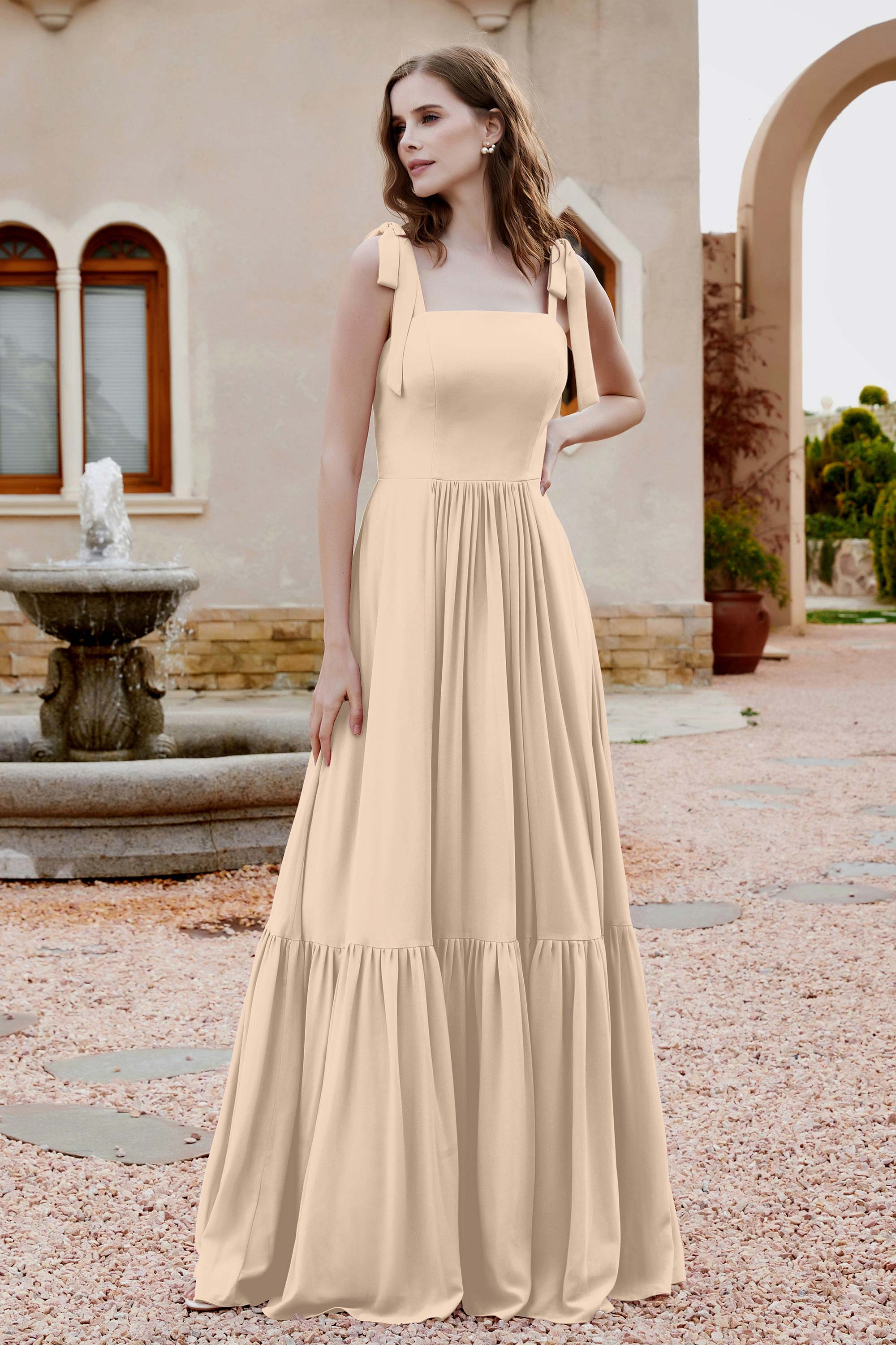 Square Sleeveless Chiffon Bridesmaid Dress Ruched Ruffles Formal Evening Dresses with Bow