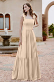 Square Sleeveless Chiffon Bridesmaid Dress Ruched Ruffles Formal Evening Dresses with Bow