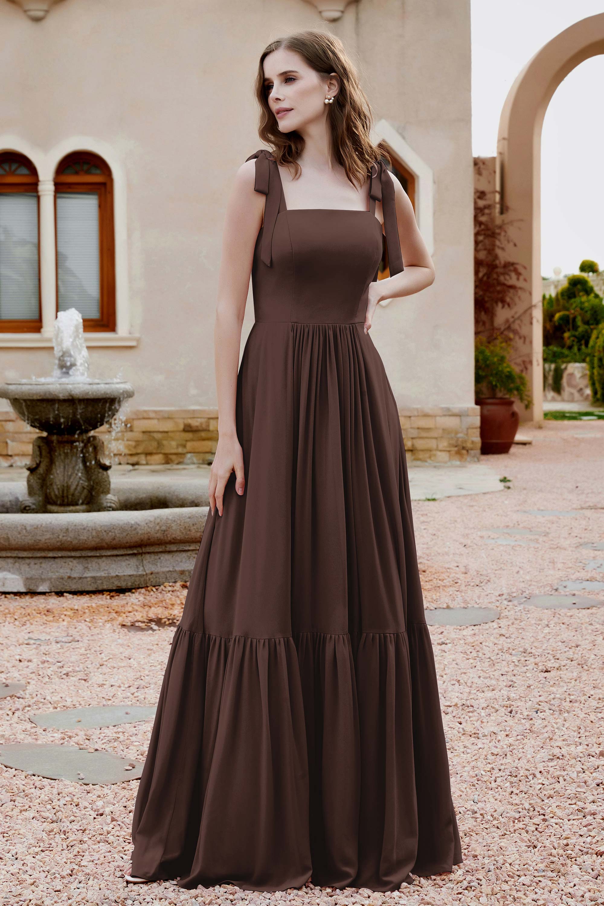 Square Sleeveless Chiffon Bridesmaid Dress Ruched Ruffles Formal Evening Dresses with Bow