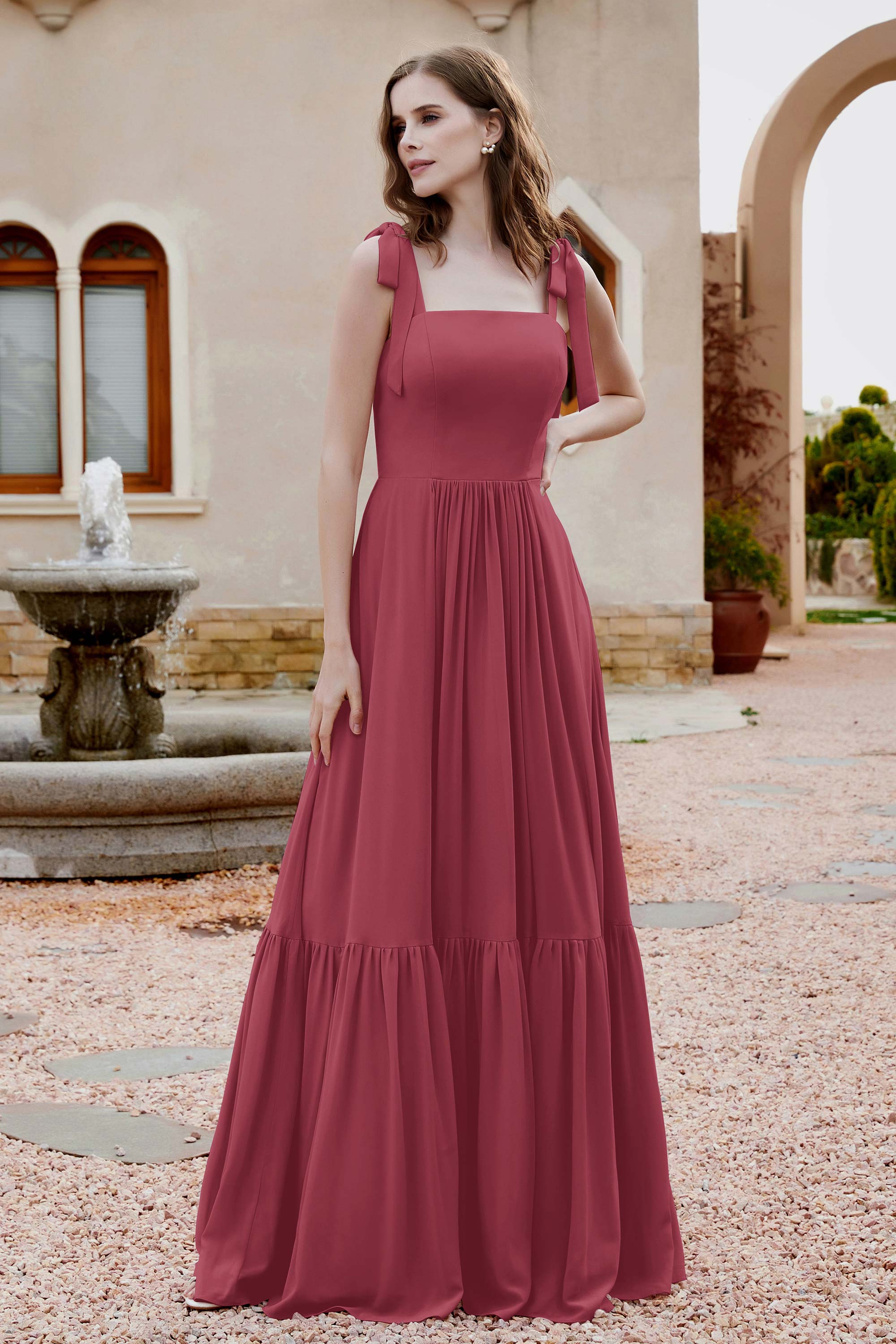 Square Sleeveless Chiffon Bridesmaid Dress Ruched Ruffles Formal Evening Dresses with Bow