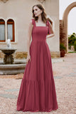 Square Sleeveless Chiffon Bridesmaid Dress Ruched Ruffles Formal Evening Dresses with Bow
