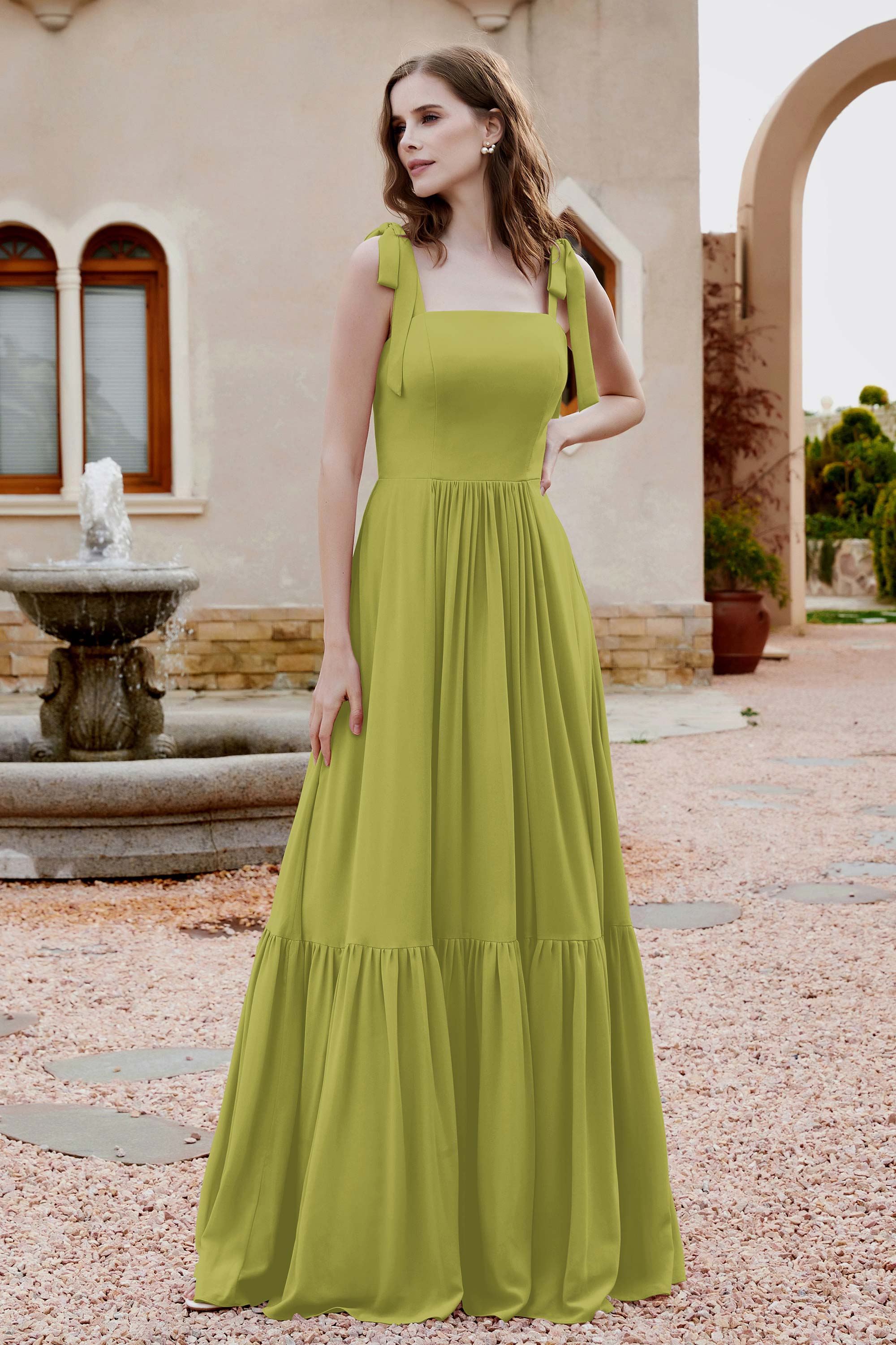Square Sleeveless Chiffon Bridesmaid Dress Ruched Ruffles Formal Evening Dresses with Bow