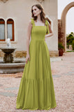 Square Sleeveless Chiffon Bridesmaid Dress Ruched Ruffles Formal Evening Dresses with Bow