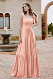 Square Sleeveless Chiffon Bridesmaid Dress Ruched Ruffles Formal Evening Dresses with Bow