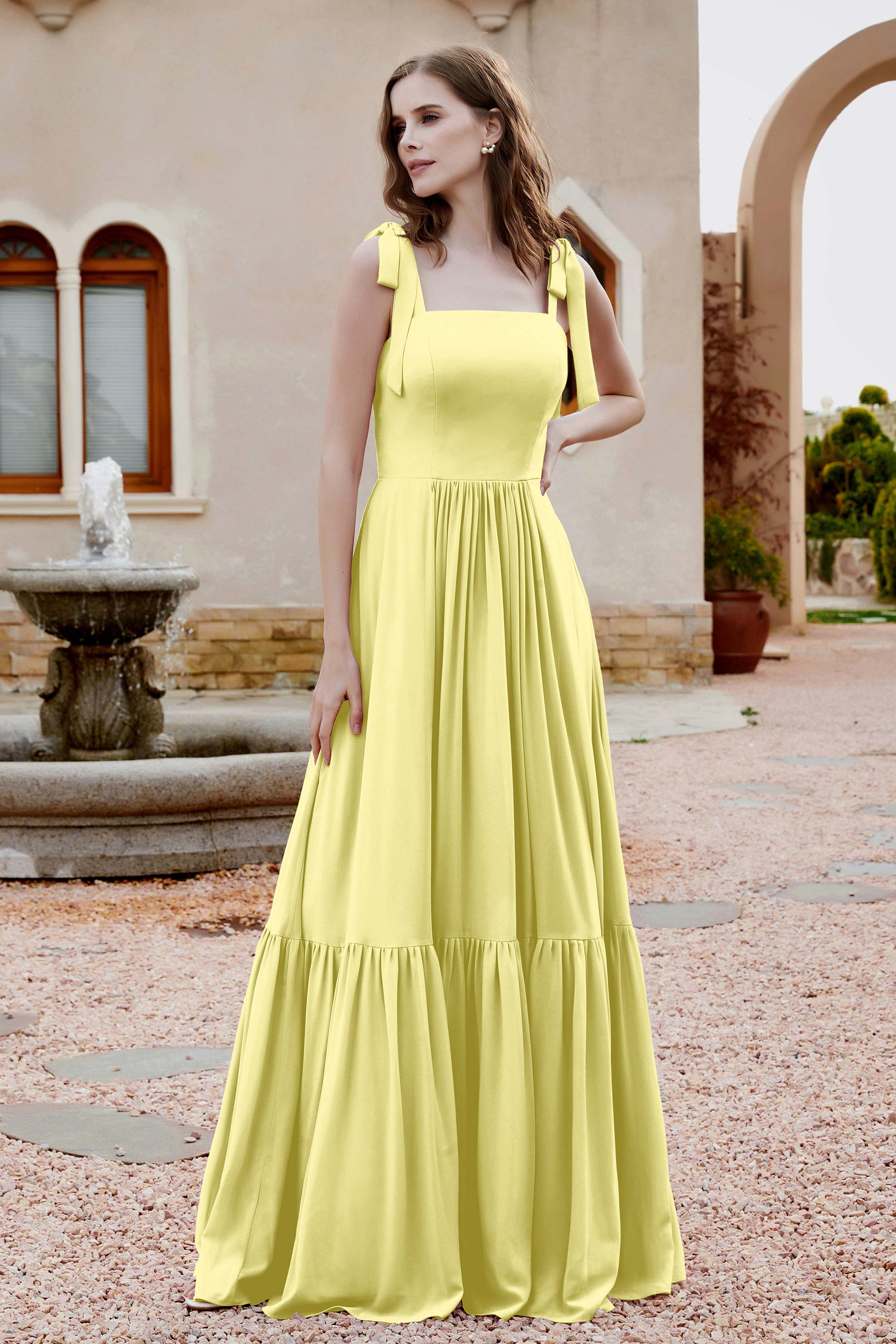 Square Sleeveless Chiffon Bridesmaid Dress Ruched Ruffles Formal Evening Dresses with Bow