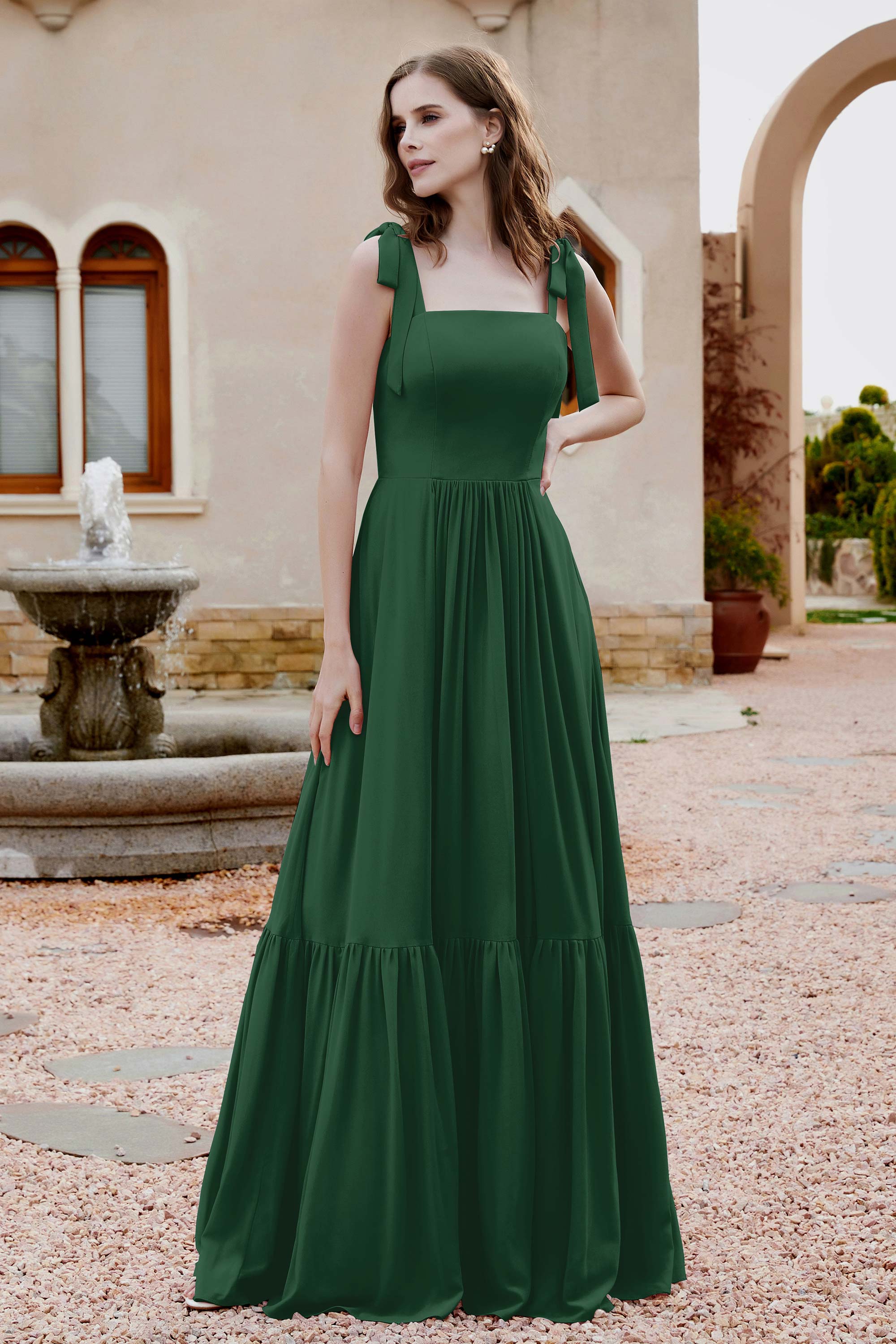 Square Sleeveless Chiffon Bridesmaid Dress Ruched Ruffles Formal Evening Dresses with Bow