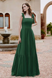 Square Sleeveless Chiffon Bridesmaid Dress Ruched Ruffles Formal Evening Dresses with Bow