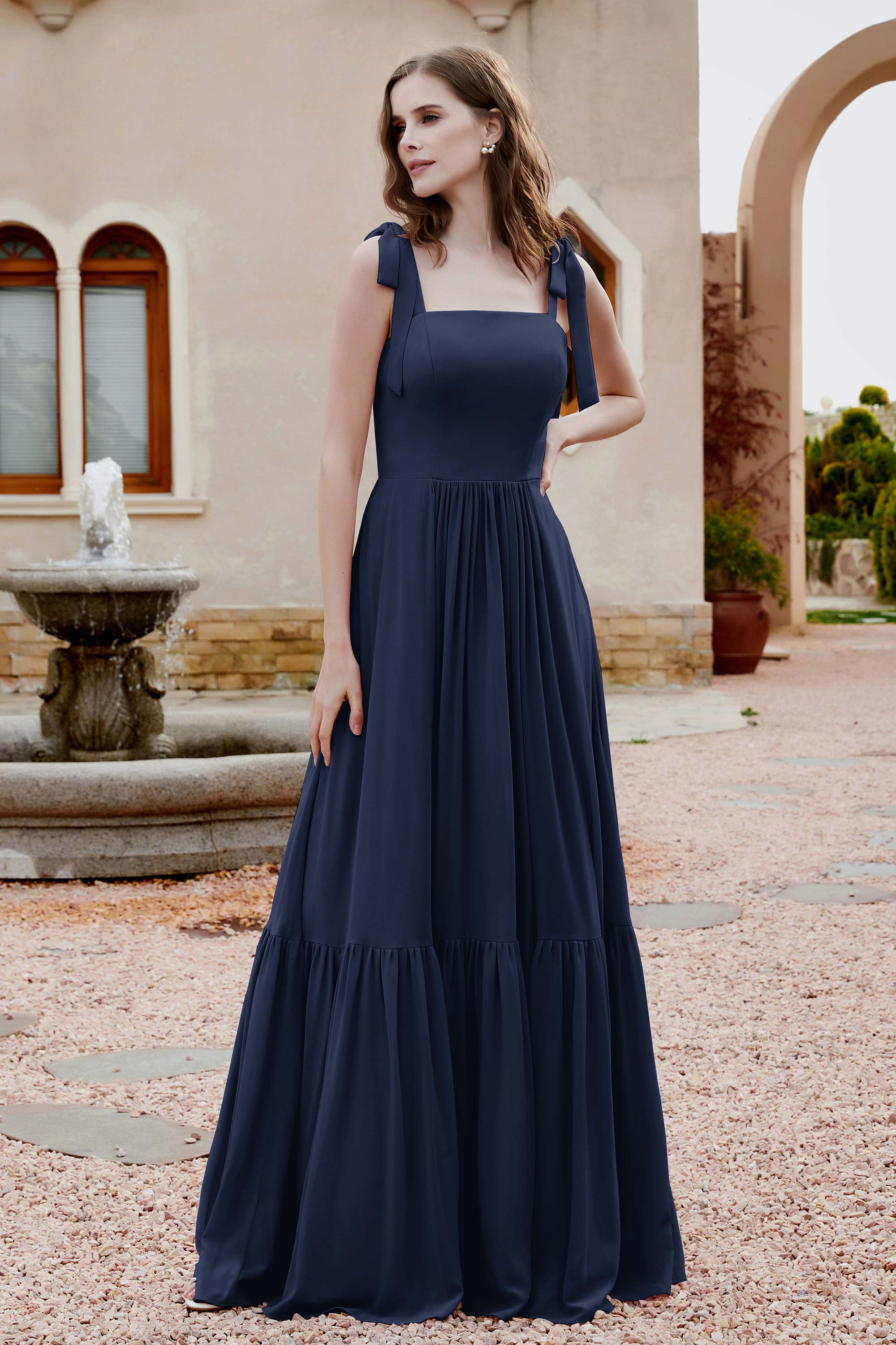 Square Sleeveless Chiffon Bridesmaid Dress Ruched Ruffles Formal Evening Dresses with Bow