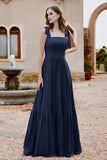 Square Sleeveless Chiffon Bridesmaid Dress Ruched Ruffles Formal Evening Dresses with Bow