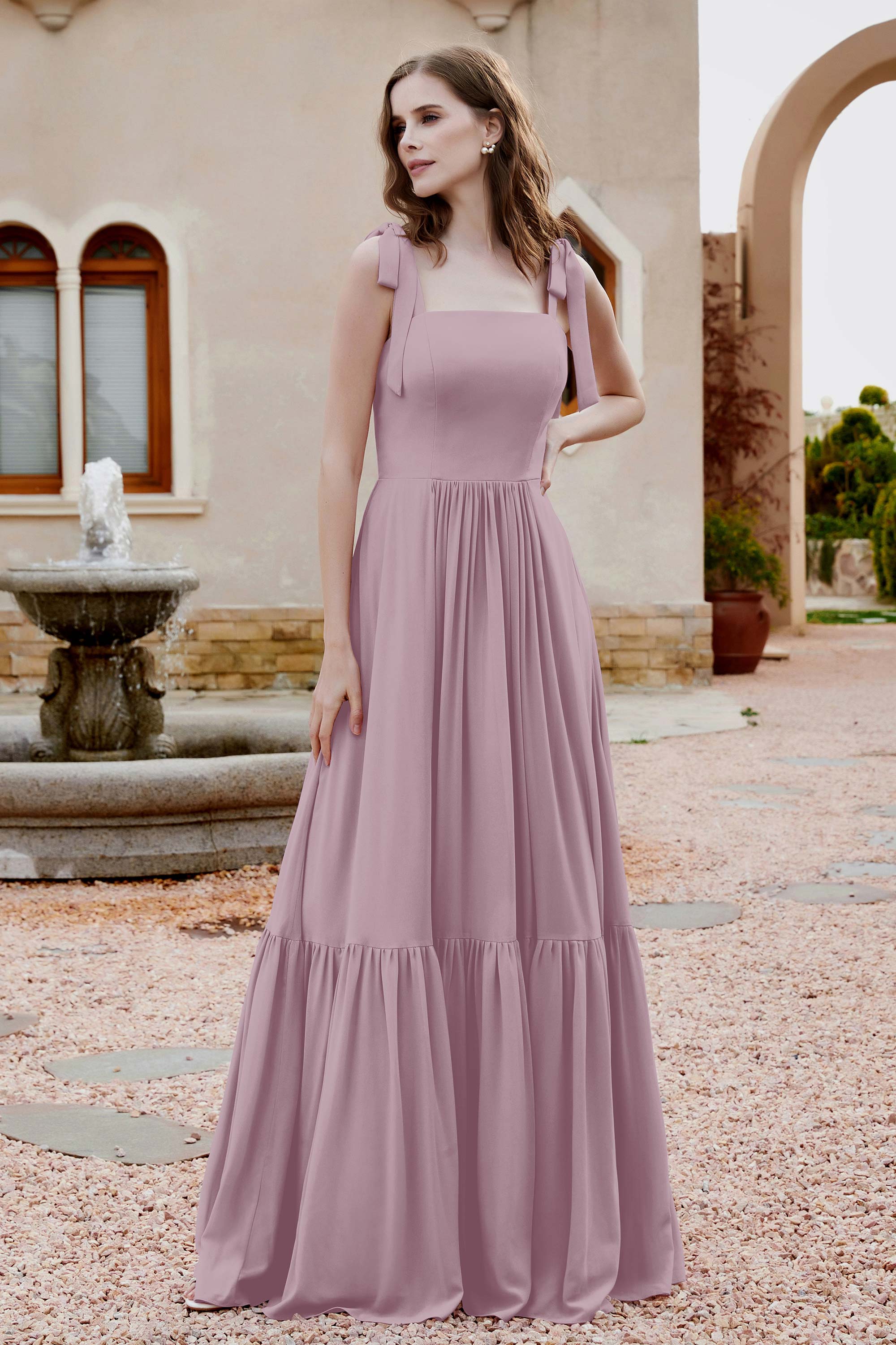 Square Sleeveless Chiffon Bridesmaid Dress Ruched Ruffles Formal Evening Dresses with Bow