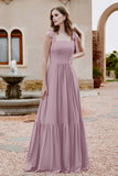 Square Sleeveless Chiffon Bridesmaid Dress Ruched Ruffles Formal Evening Dresses with Bow