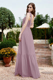 Square Sleeveless Chiffon Bridesmaid Dress Ruched Ruffles Formal Evening Dresses with Bow