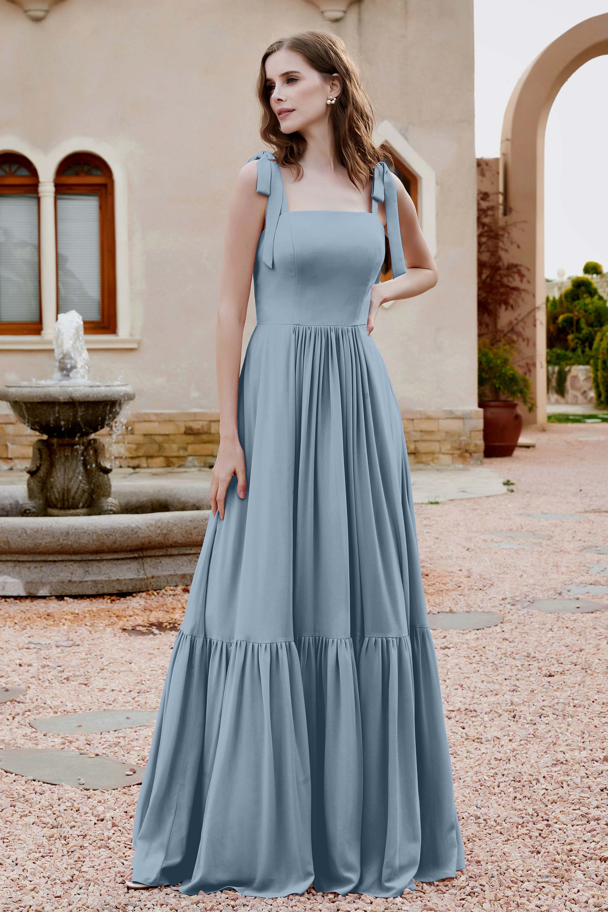 Square Sleeveless Chiffon Bridesmaid Dress Ruched Ruffles Formal Evening Dresses with Bow