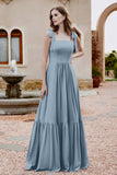 Square Sleeveless Chiffon Bridesmaid Dress Ruched Ruffles Formal Evening Dresses with Bow