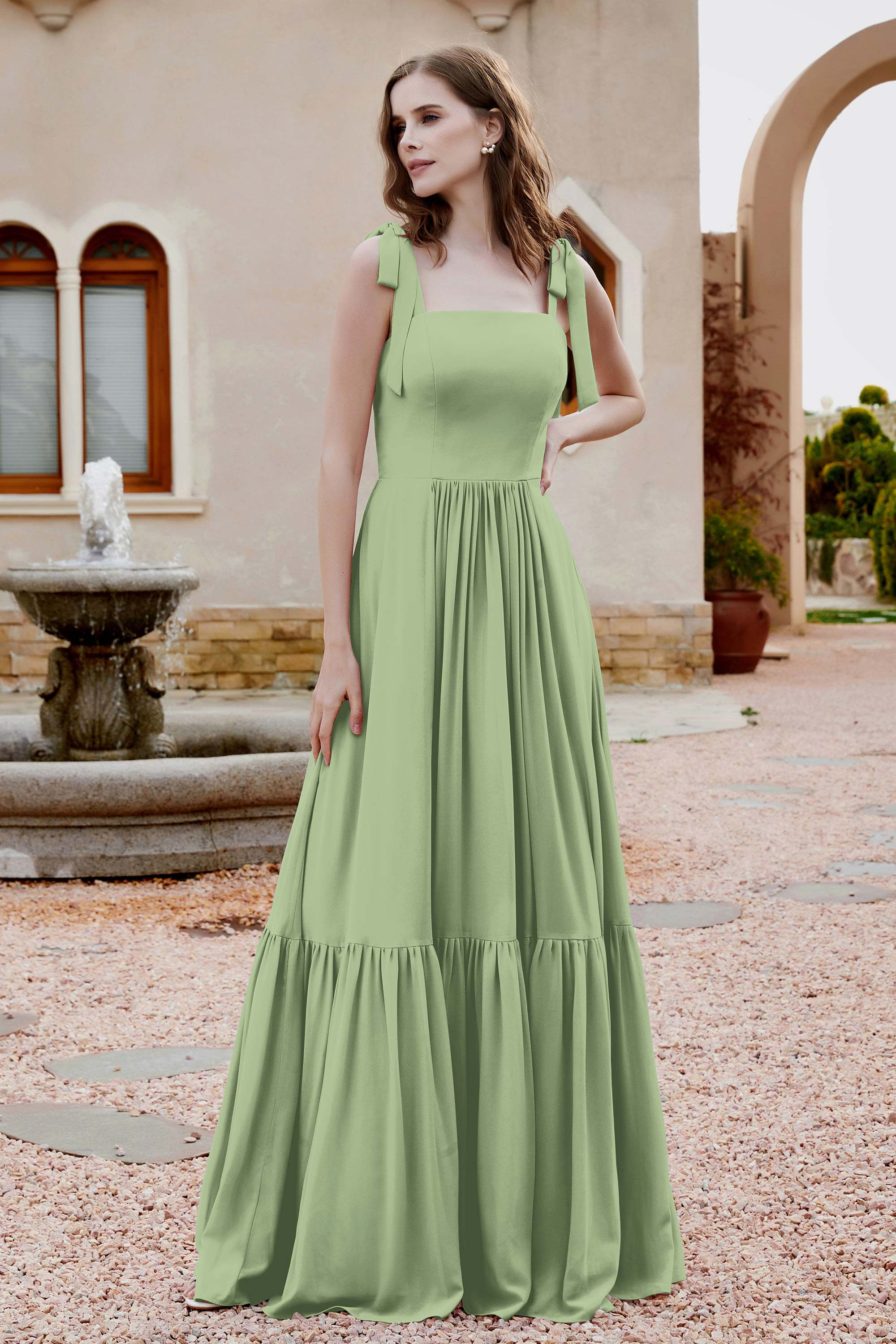 Square Sleeveless Chiffon Bridesmaid Dress Ruched Ruffles Formal Evening Dresses with Bow