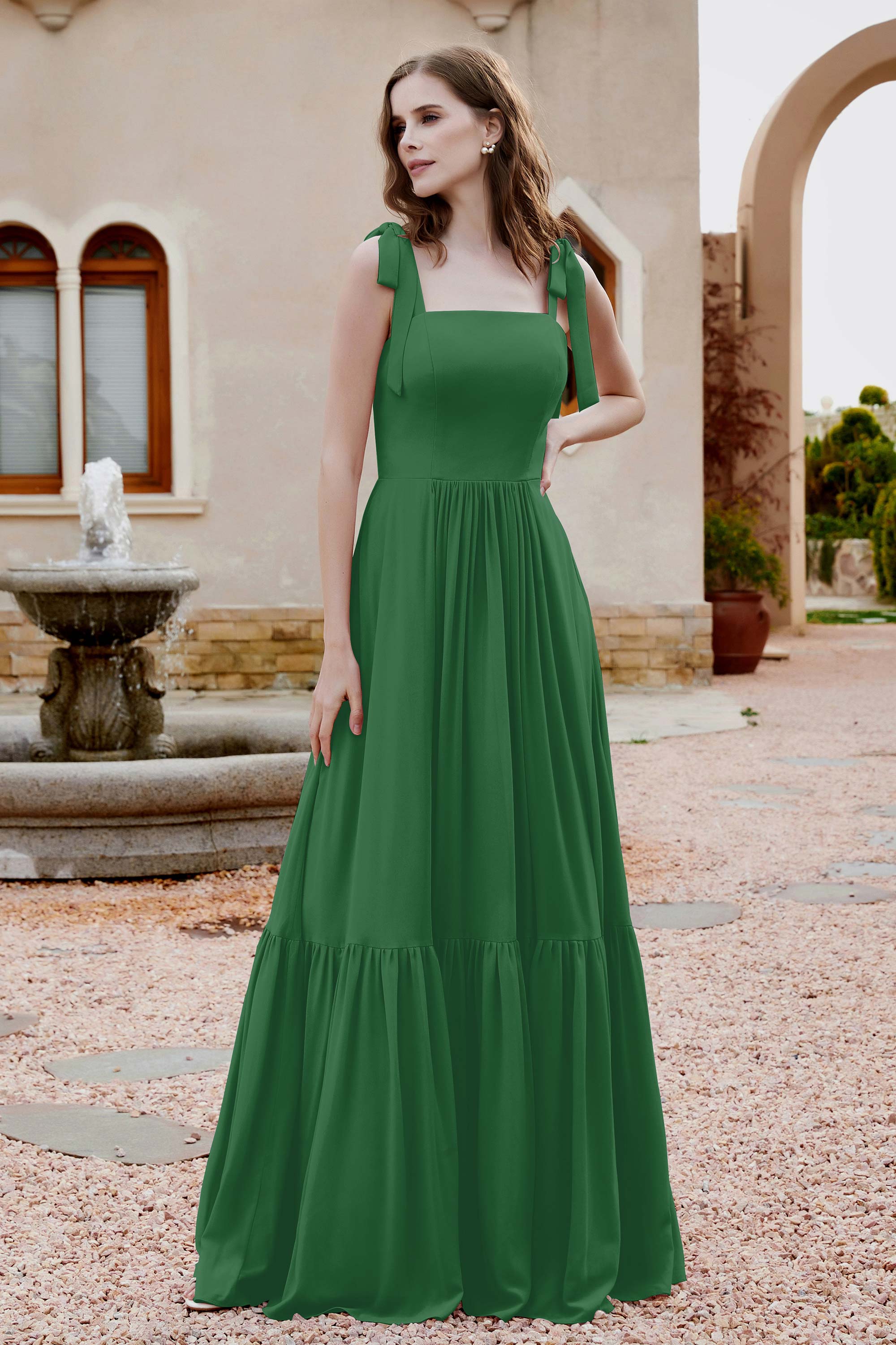 Square Sleeveless Chiffon Bridesmaid Dress Ruched Ruffles Formal Evening Dresses with Bow