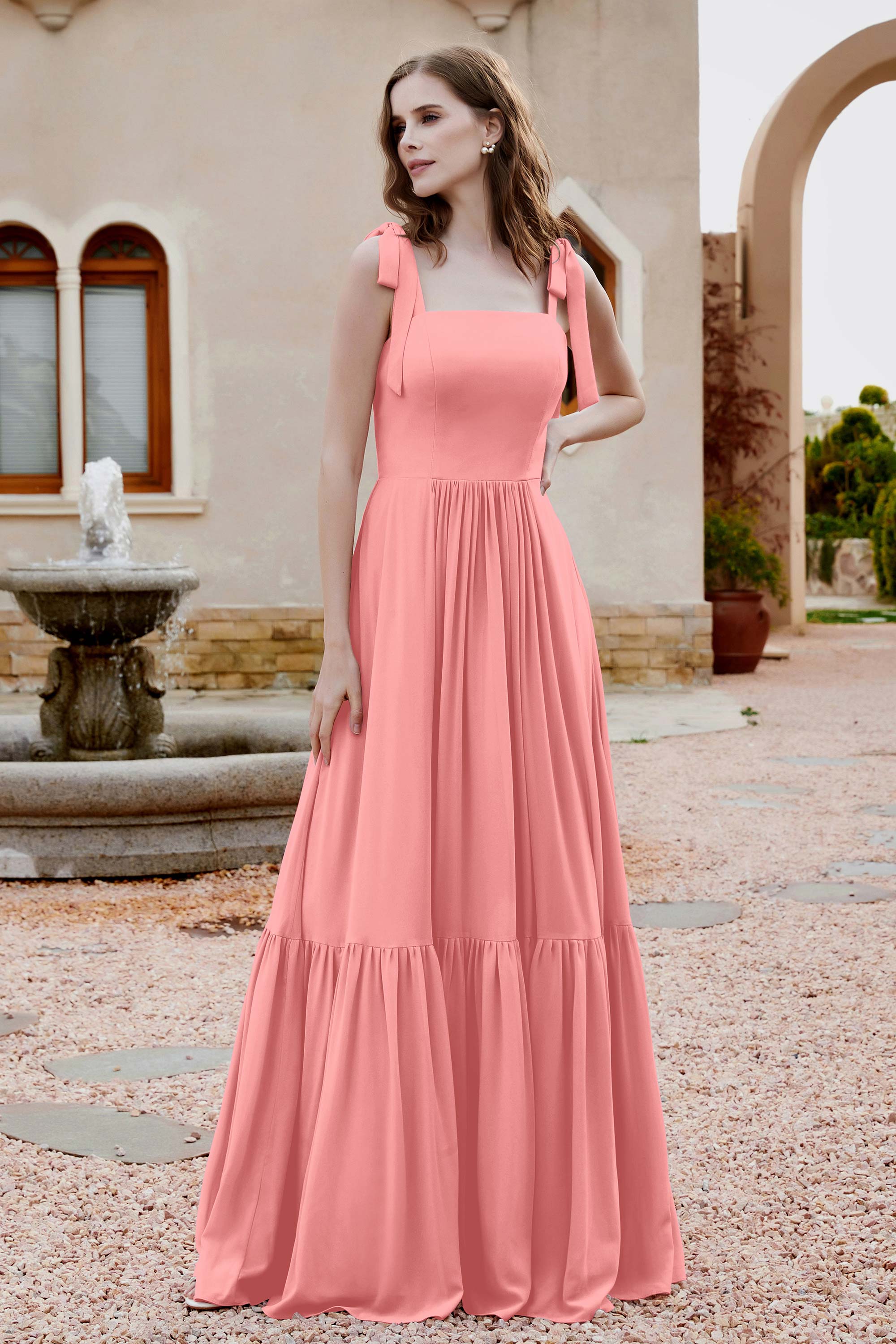 Square Sleeveless Chiffon Bridesmaid Dress Ruched Ruffles Formal Evening Dresses with Bow