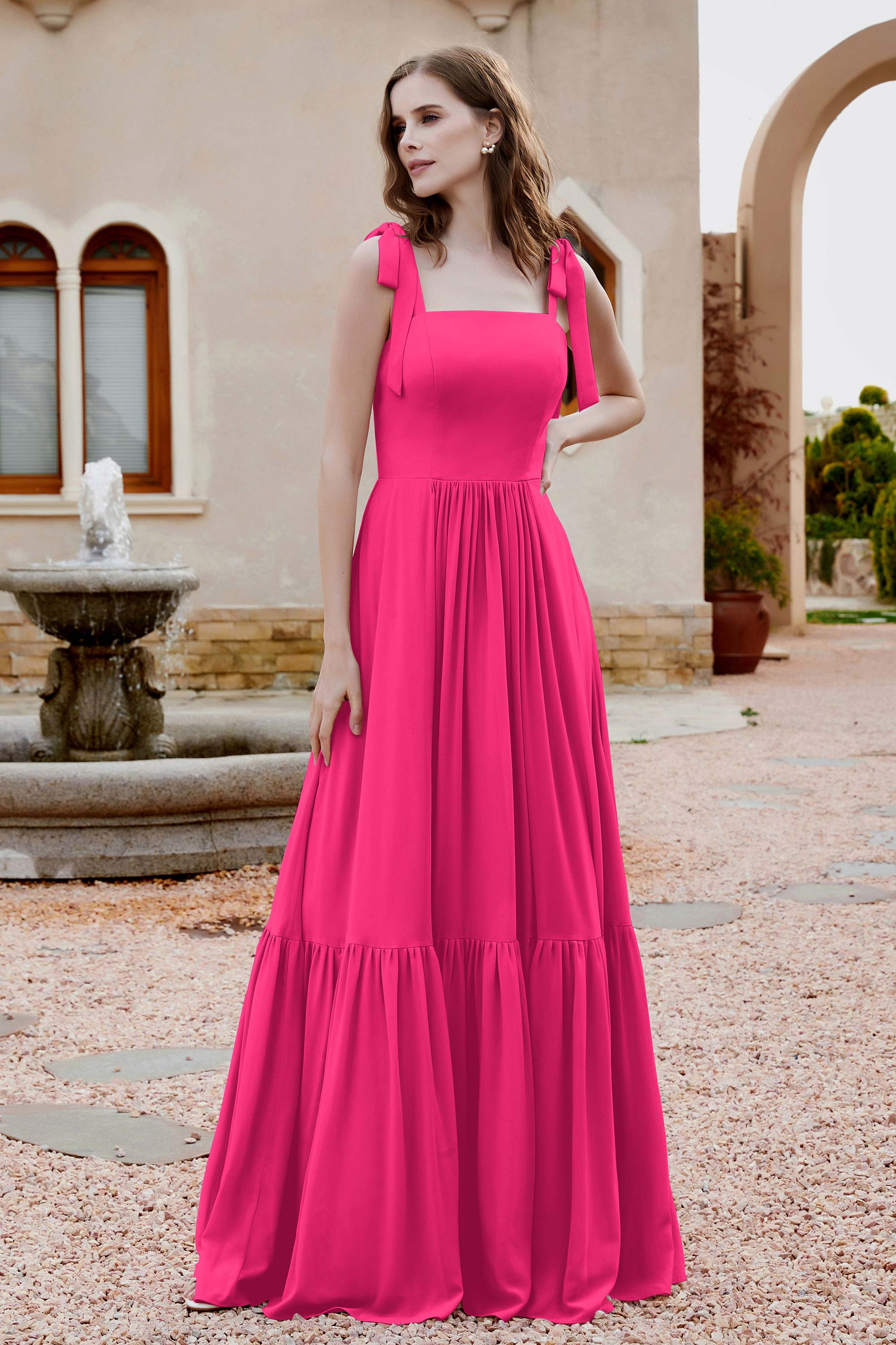 Square Sleeveless Chiffon Bridesmaid Dress Ruched Ruffles Formal Evening Dresses with Bow