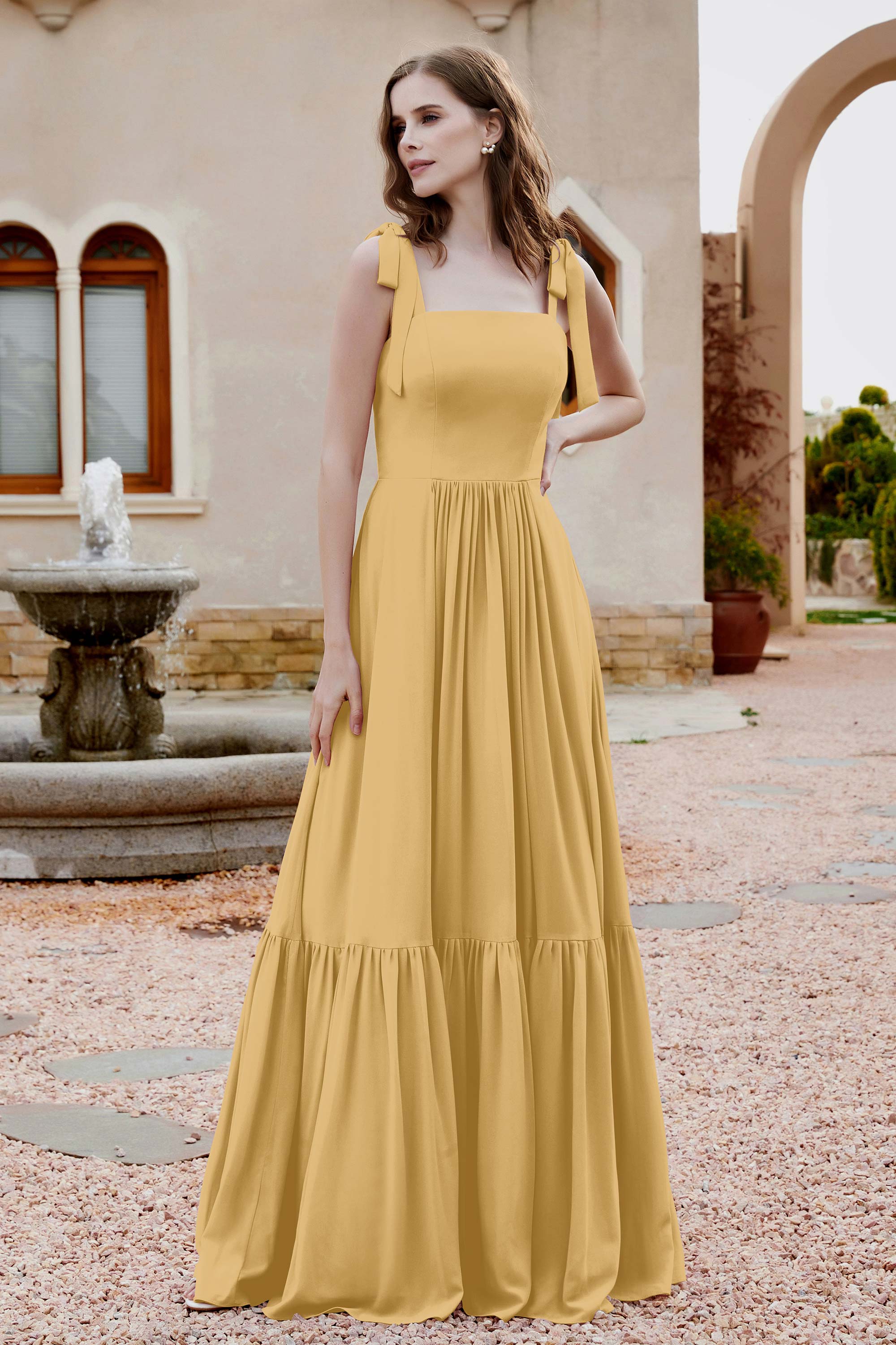 Square Sleeveless Chiffon Bridesmaid Dress Ruched Ruffles Formal Evening Dresses with Bow