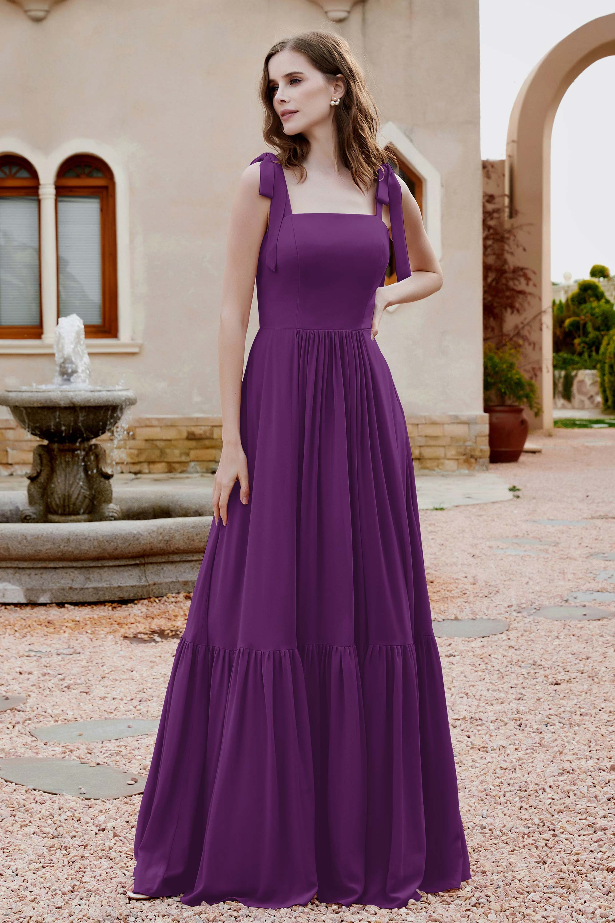 Square Sleeveless Chiffon Bridesmaid Dress Ruched Ruffles Formal Evening Dresses with Bow