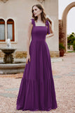 Square Sleeveless Chiffon Bridesmaid Dress Ruched Ruffles Formal Evening Dresses with Bow