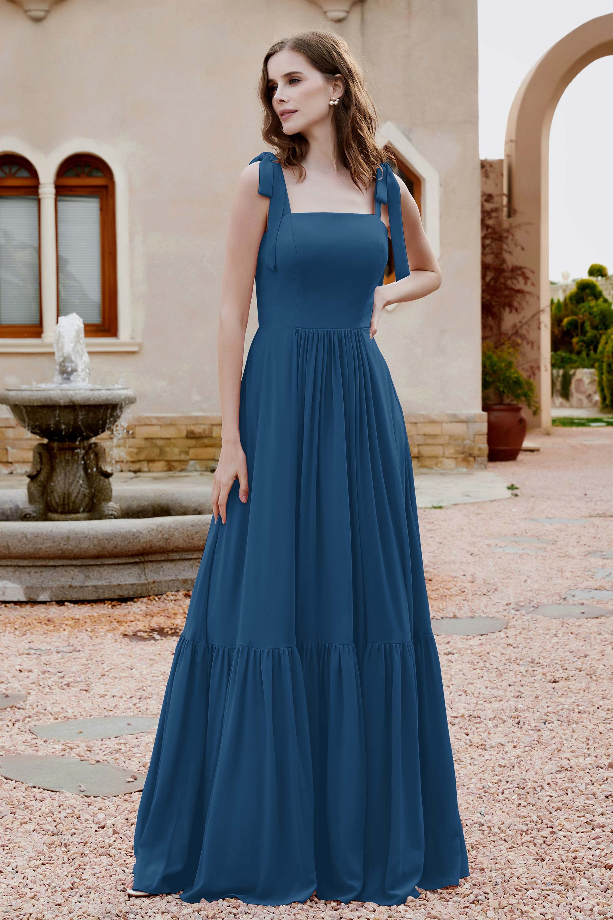 Square Sleeveless Chiffon Bridesmaid Dress Ruched Ruffles Formal Evening Dresses with Bow