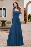 Square Sleeveless Chiffon Bridesmaid Dress Ruched Ruffles Formal Evening Dresses with Bow