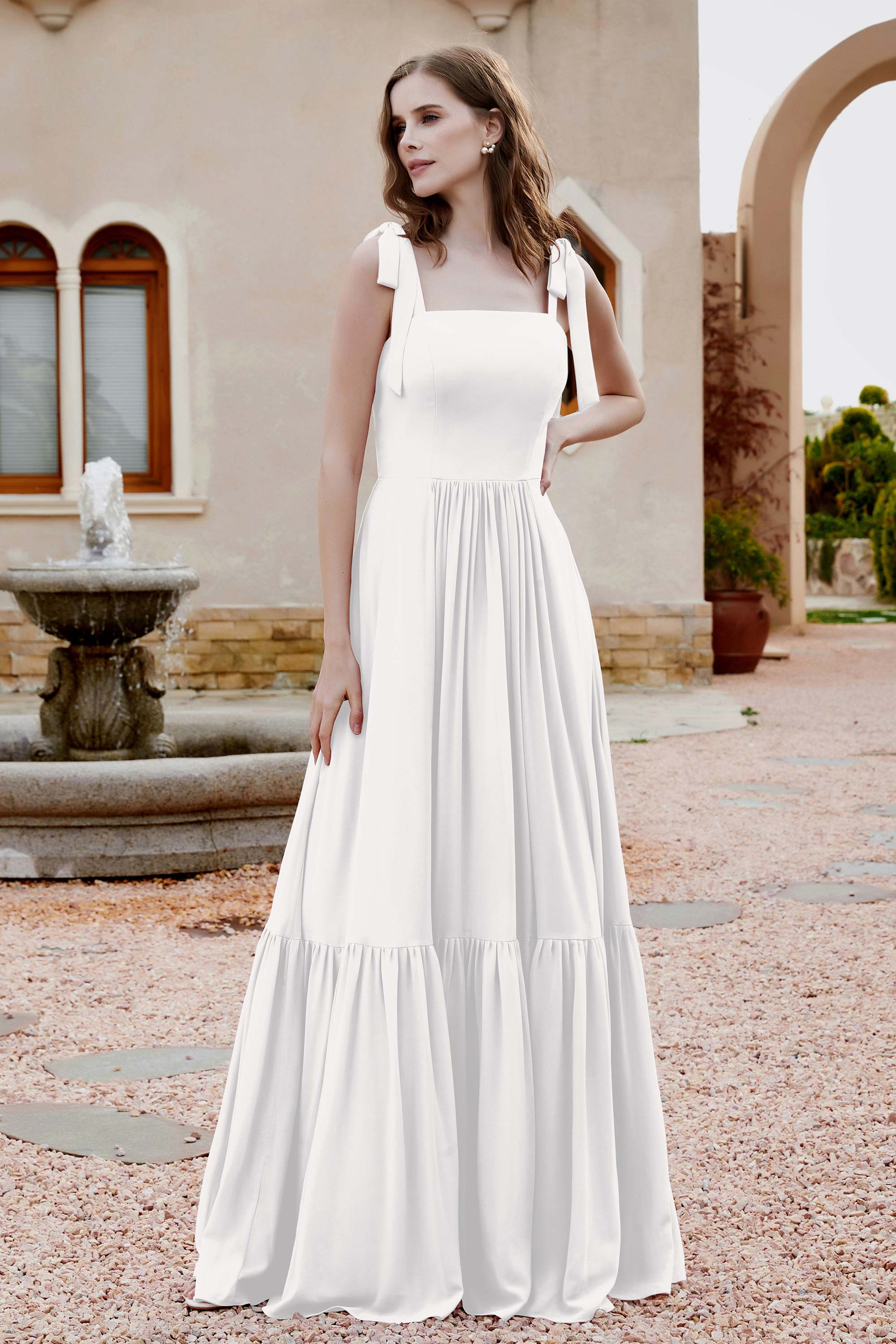 Square Sleeveless Chiffon Bridesmaid Dress Ruched Ruffles Formal Evening Dresses with Bow