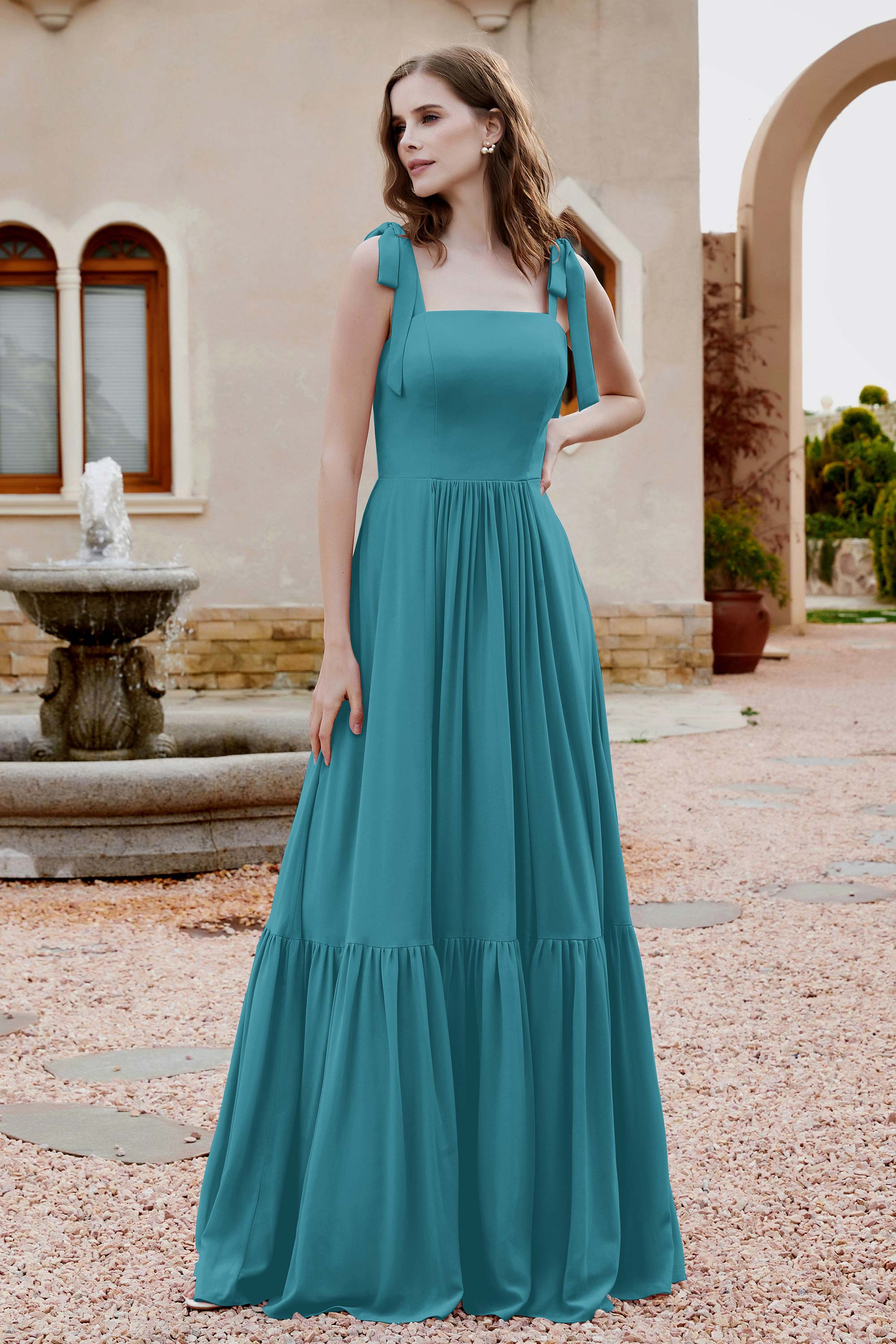 Square Sleeveless Chiffon Bridesmaid Dress Ruched Ruffles Formal Evening Dresses with Bow