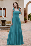 Square Sleeveless Chiffon Bridesmaid Dress Ruched Ruffles Formal Evening Dresses with Bow