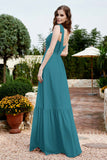 Square Sleeveless Chiffon Bridesmaid Dress Ruched Ruffles Formal Evening Dresses with Bow