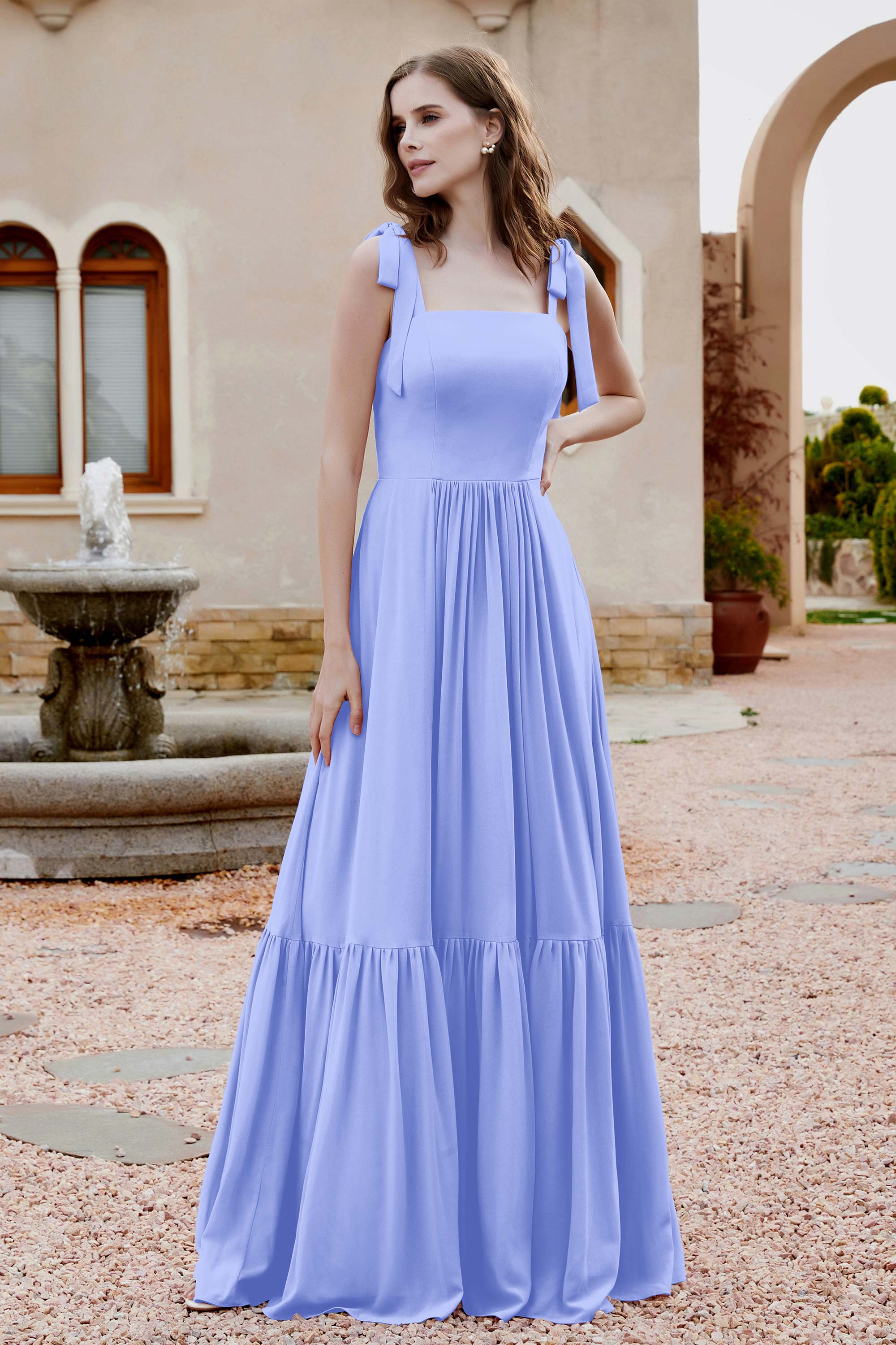 Square Sleeveless Chiffon Bridesmaid Dress Ruched Ruffles Formal Evening Dresses with Bow