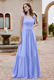 Square Sleeveless Chiffon Bridesmaid Dress Ruched Ruffles Formal Evening Dresses with Bow