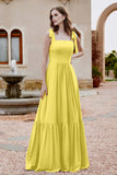Square Sleeveless Chiffon Bridesmaid Dress Ruched Ruffles Formal Evening Dresses with Bow