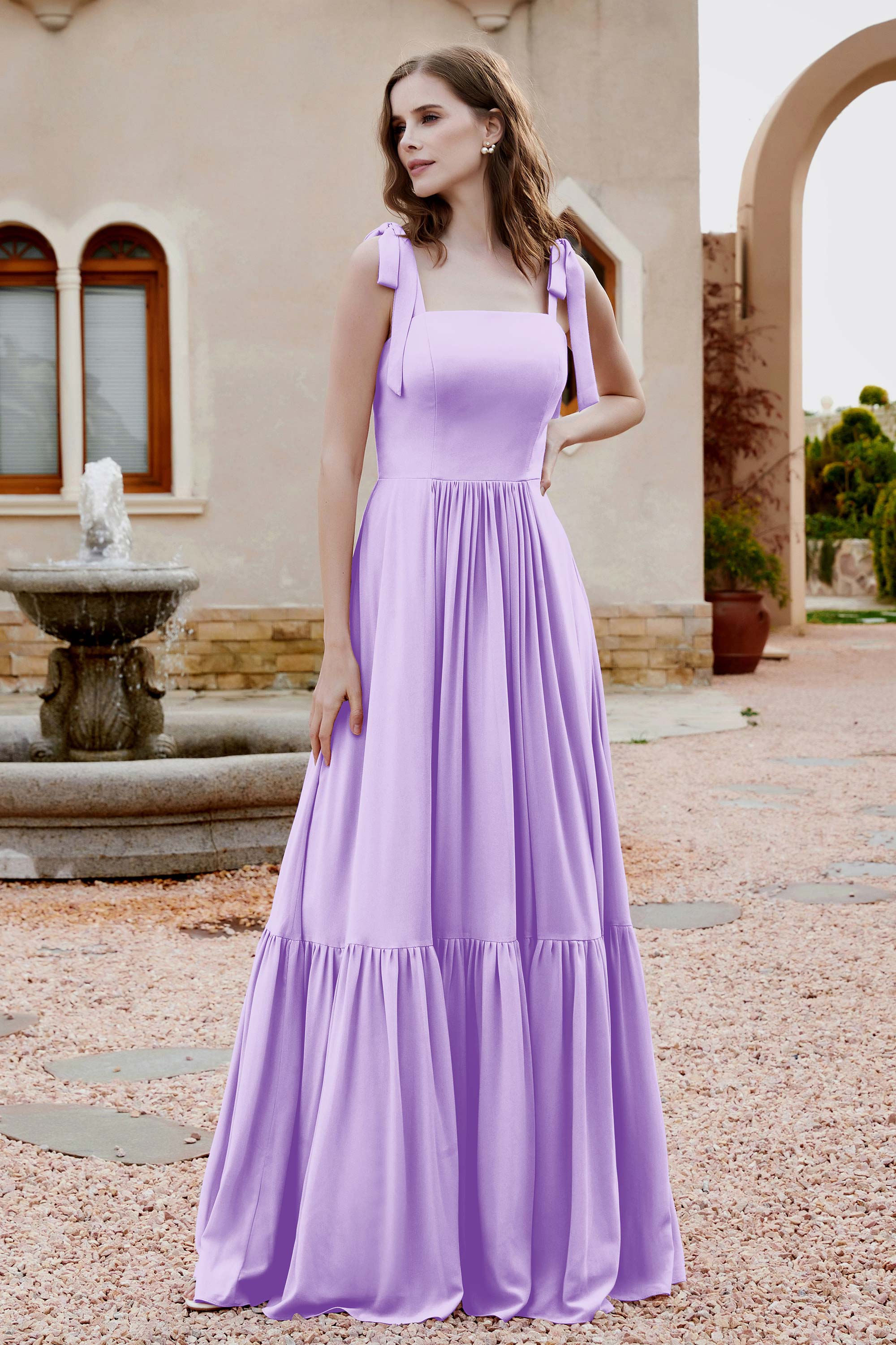 Square Sleeveless Chiffon Bridesmaid Dress Ruched Ruffles Formal Evening Dresses with Bow