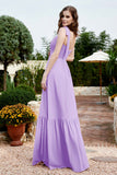 Square Sleeveless Chiffon Bridesmaid Dress Ruched Ruffles Formal Evening Dresses with Bow
