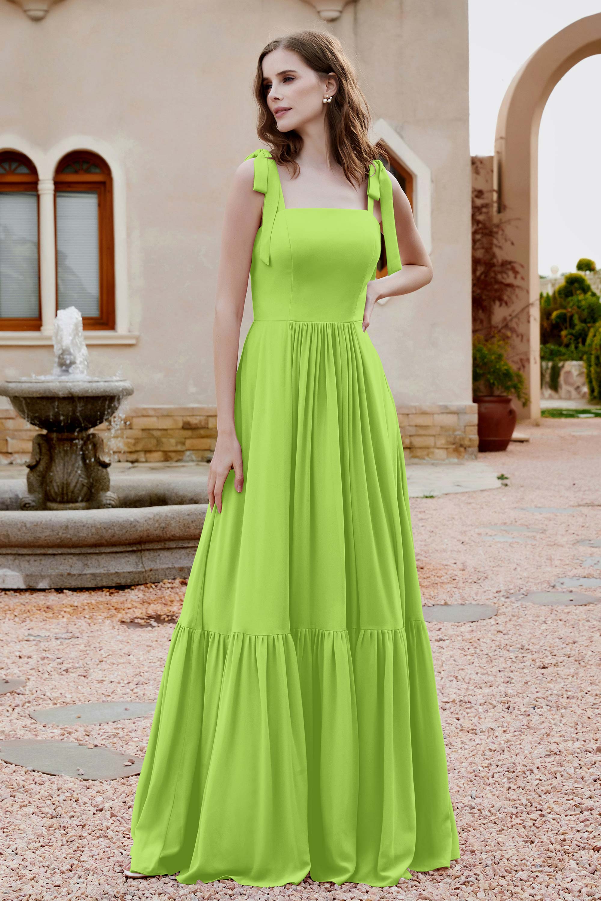 Square Sleeveless Chiffon Bridesmaid Dress Ruched Ruffles Formal Evening Dresses with Bow