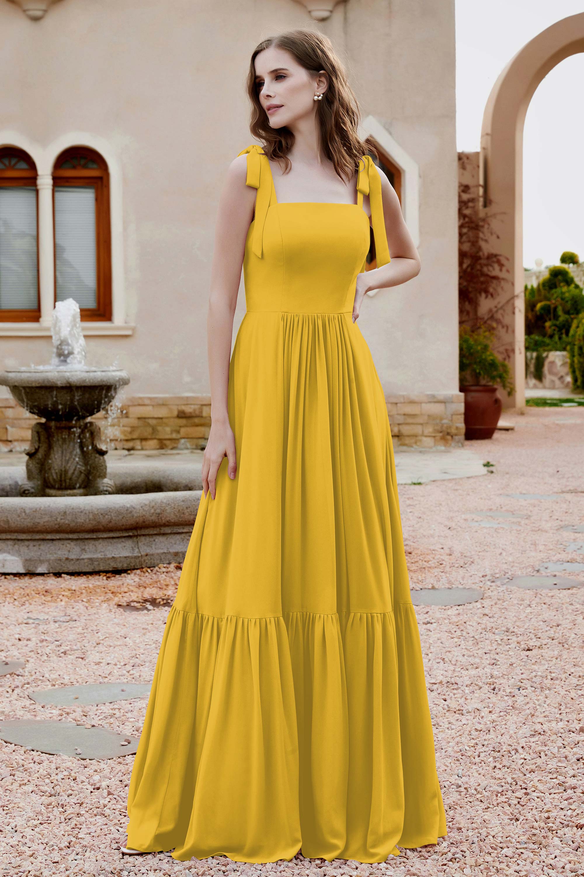 Square Sleeveless Chiffon Bridesmaid Dress Ruched Ruffles Formal Evening Dresses with Bow