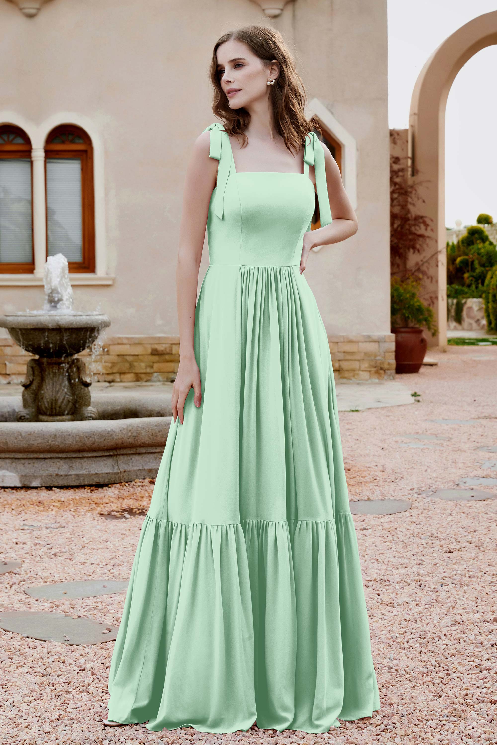Square Sleeveless Chiffon Bridesmaid Dress Ruched Ruffles Formal Evening Dresses with Bow